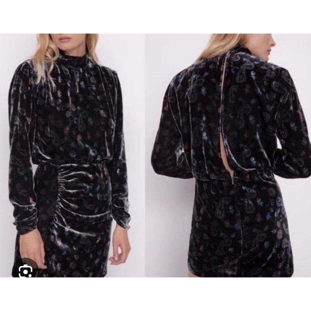 Zara Velvet Dress Women's XS Black Paisley Long Sleeve Semi Open Back Ruched